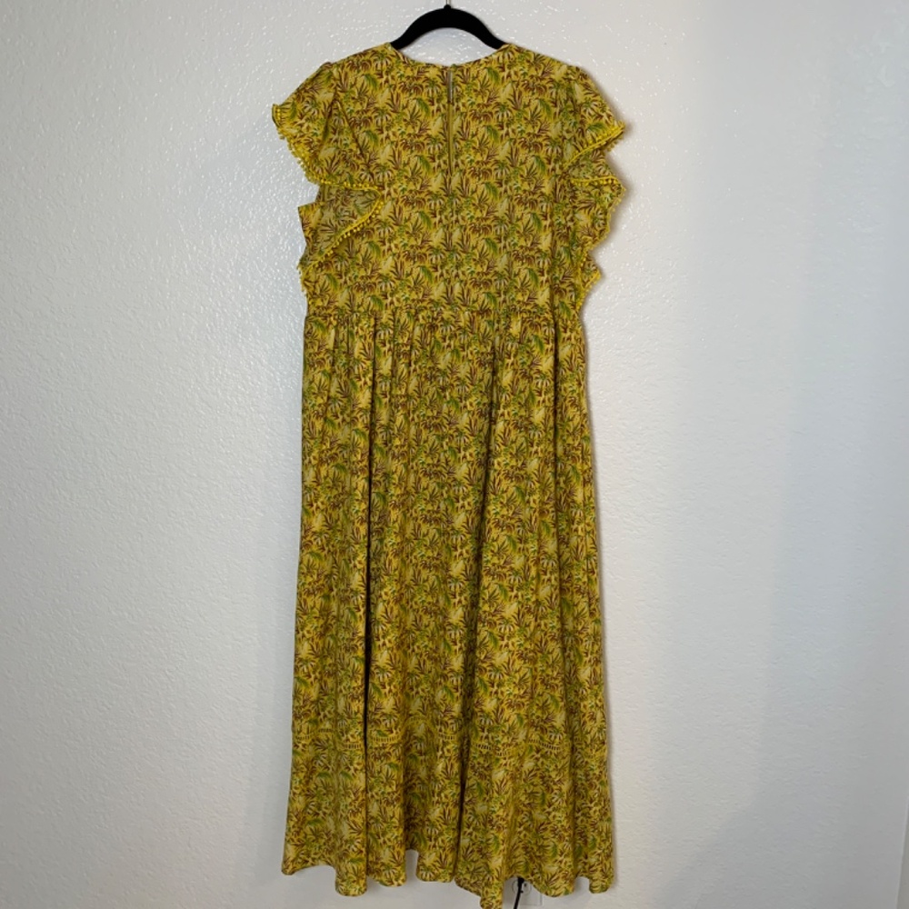 Ann Taylor Maxi Dress Medium Yellow Palm Tree Print Ruffle Sleeve Tropical NWOT - Picture 13 of 16